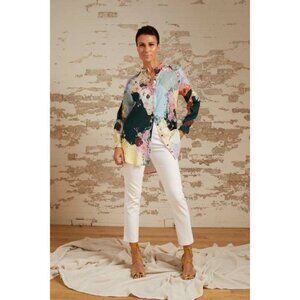 COSTER COPENHAGEN Flamingo Flower Cupro Twill Button Down Tunic Shirt, Size 36/S